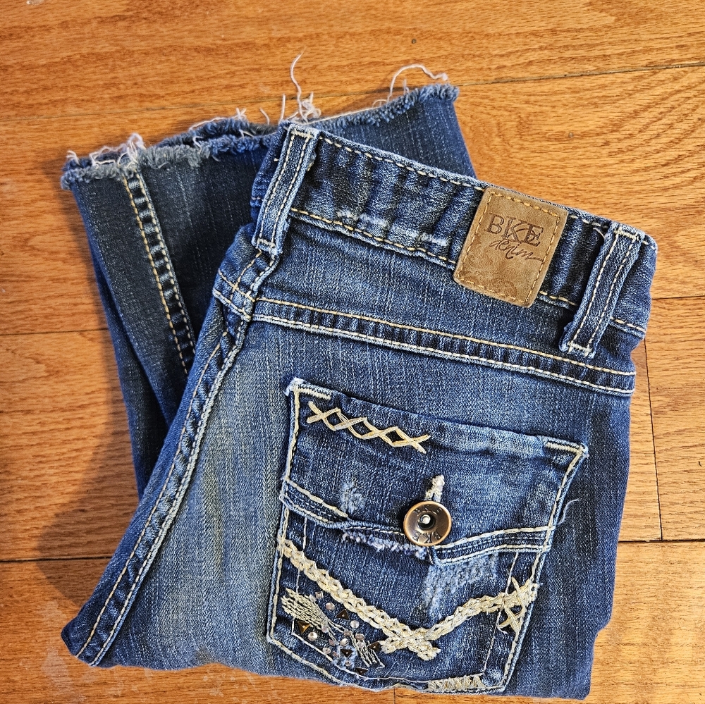BKE "Stella" Women's Distressed Stretch Dark Blue Boot Cut Jeans Size 27x29 1/2